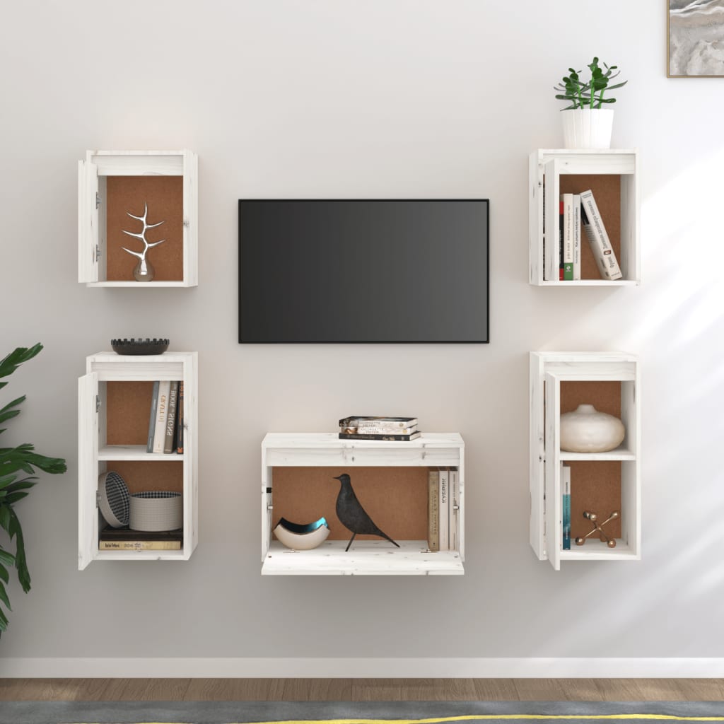 Mobili Porta TV 5 pz Bianchi in Legno Massello di Pino