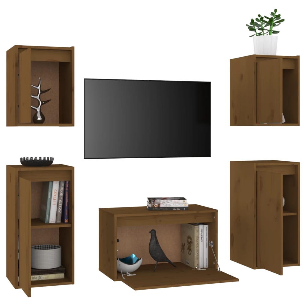 Mobili Porta TV 5 pz ambra in Legno Massello di Pino
