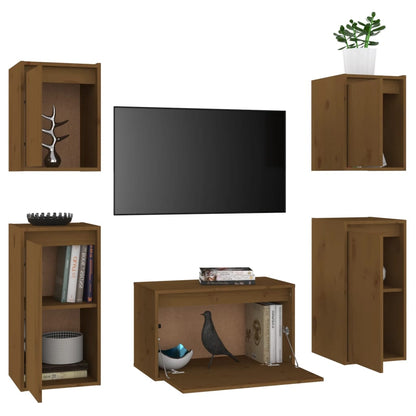 Mobili Porta TV 5 pz ambra in Legno Massello di Pino