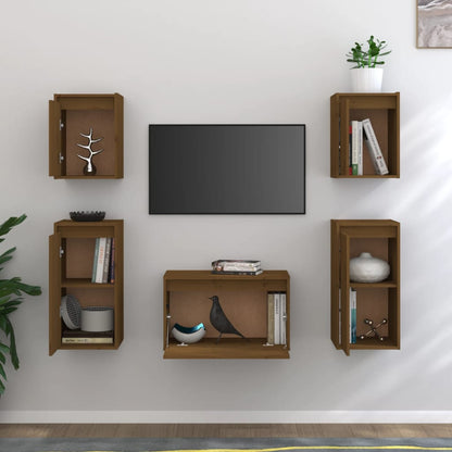 Mobili Porta TV 5 pz ambra in Legno Massello di Pino