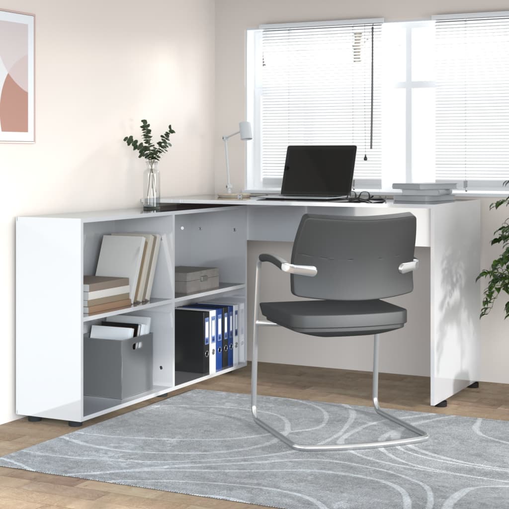 Scrivania ad Angolo Bianco Lucido in Legno Multistrato