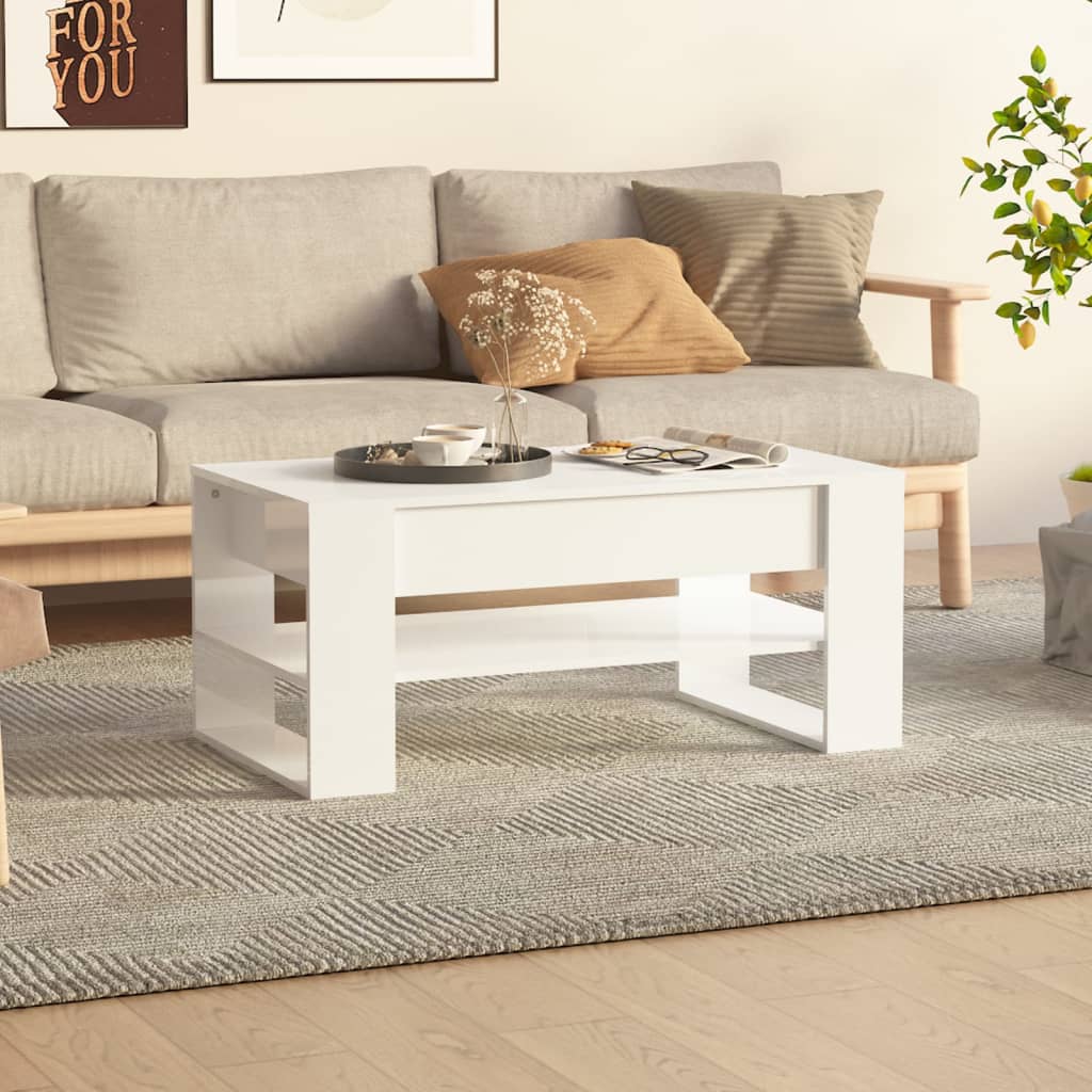 Tavolino Salotto Bianco Lucido 102x55x45 cm Legno Multistrato