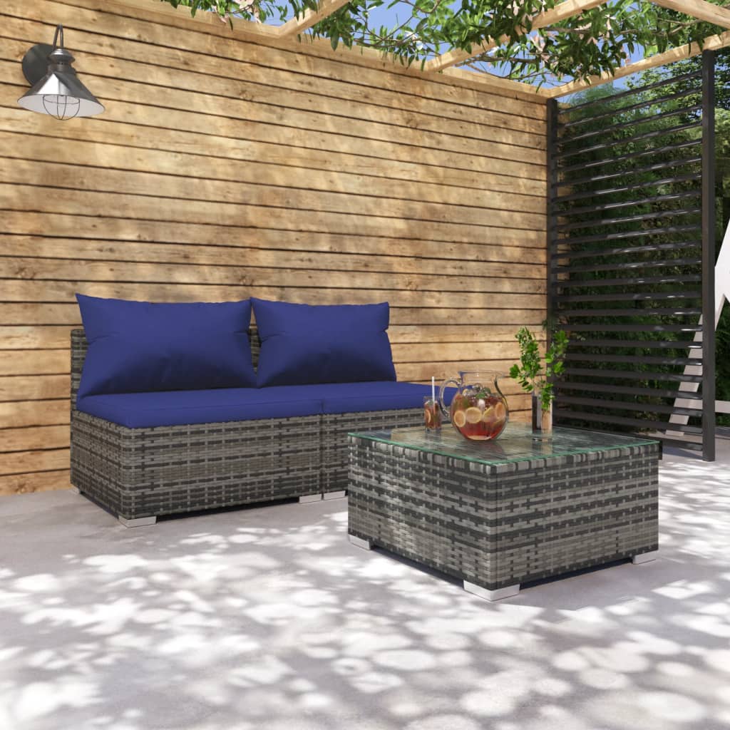 Set Divani da Giardino 3 pz con Cuscini in Polyrattan Grigio
