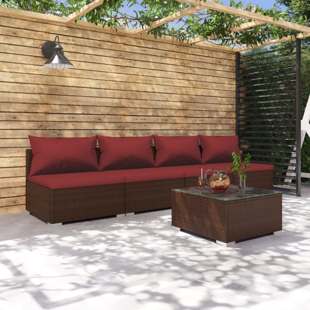 Set Divani da Giardino 5 pz con Cuscini in Polyrattan Marrone
