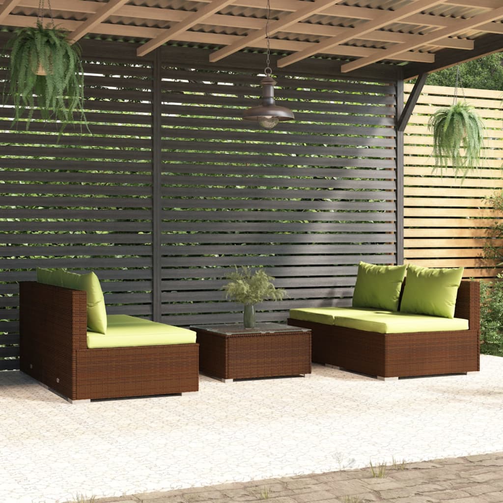 Set Divani da Giardino 5 pz con Cuscini in Polyrattan Marrone