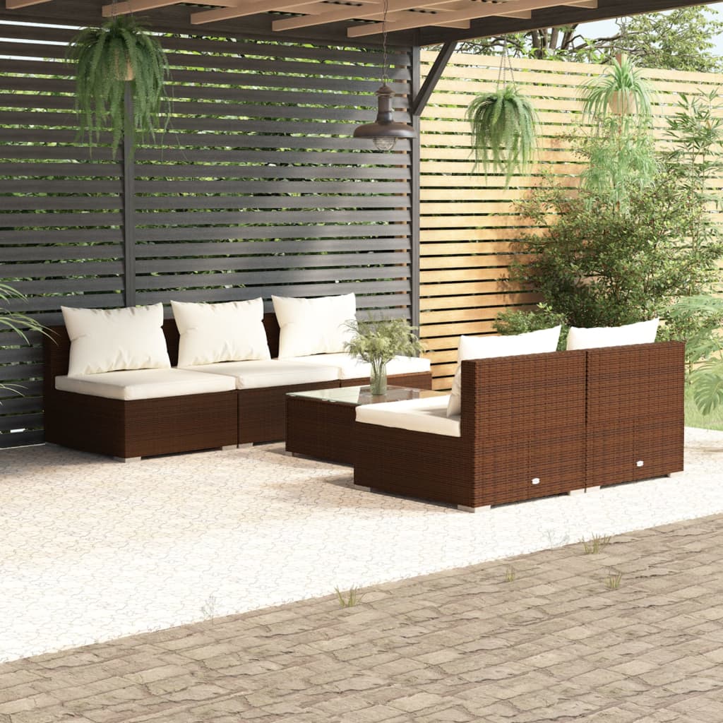 Set Divani da Giardino 6 pz con Cuscini in Polyrattan Marrone