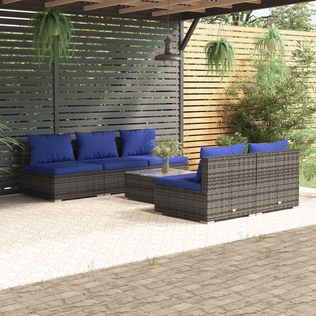 Set Divani da Giardino 6 pz con Cuscini in Polyrattan Grigio