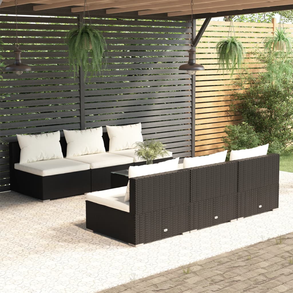 Set Divani da Giardino 7 pz con Cuscini in Polyrattan Nero