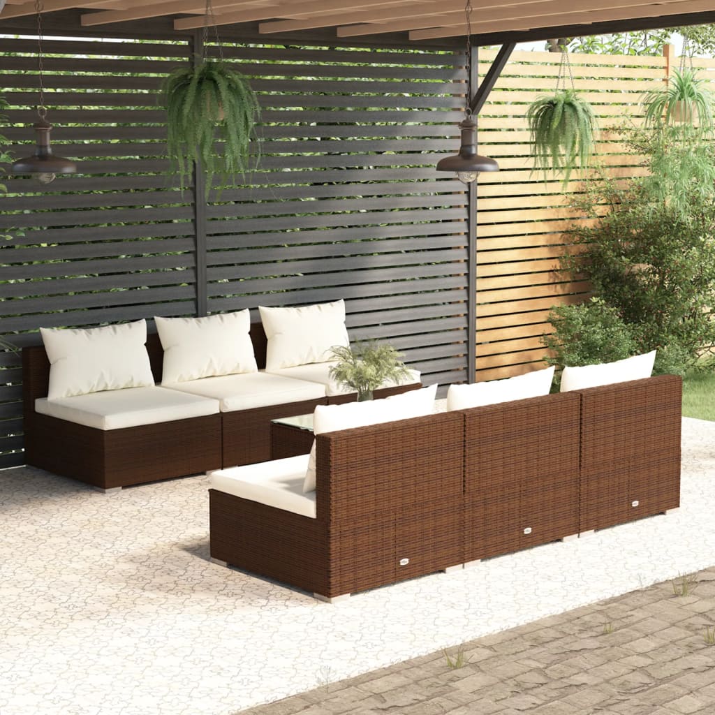 Set Divani da Giardino 7 pz con Cuscini in Polyrattan Marrone