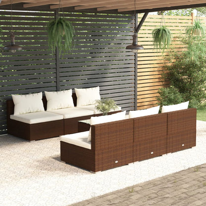 Set Divani da Giardino 7 pz con Cuscini in Polyrattan Marrone