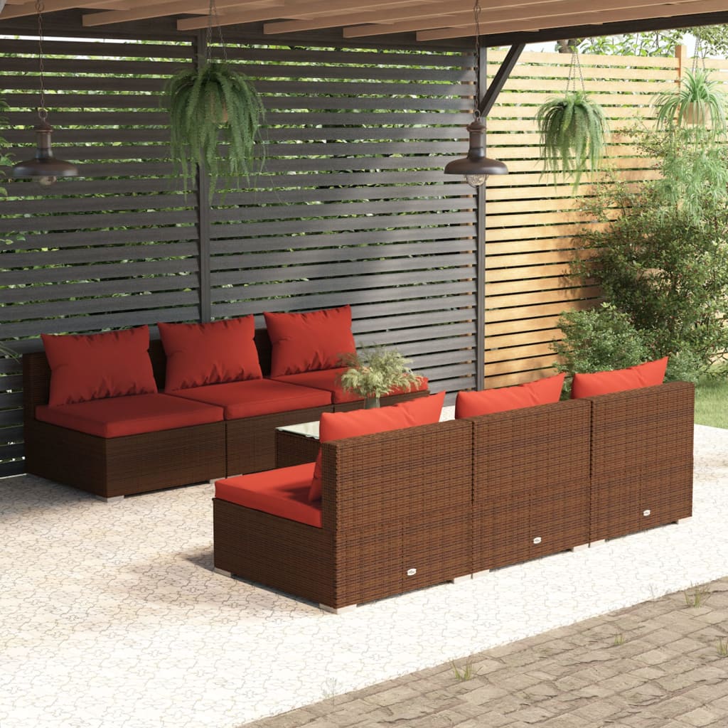 Set Divani da Giardino 7 pz con Cuscini in Polyrattan Marrone