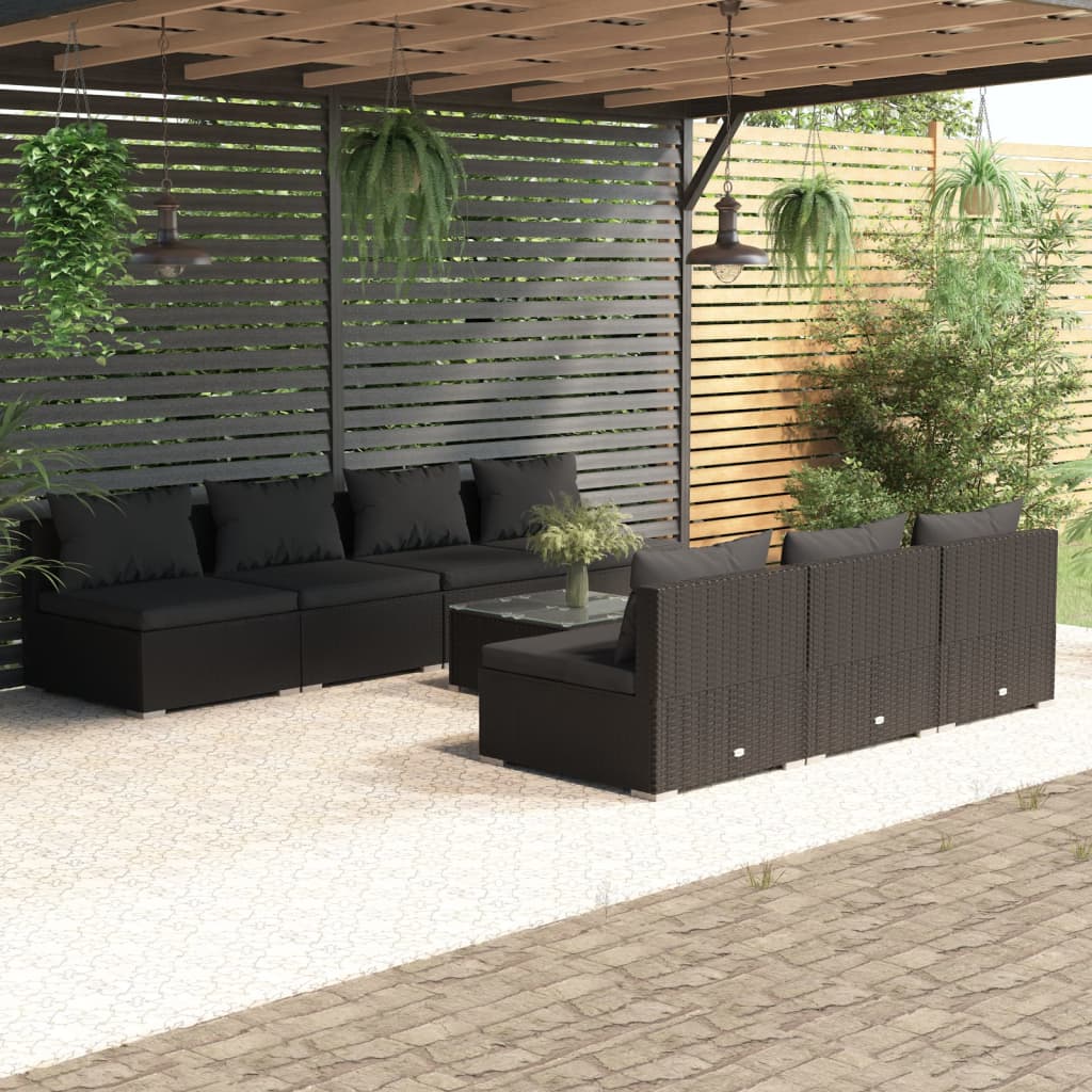 Set Mobili da Giardino con Cuscini 8 pz in Polyrattan Nero