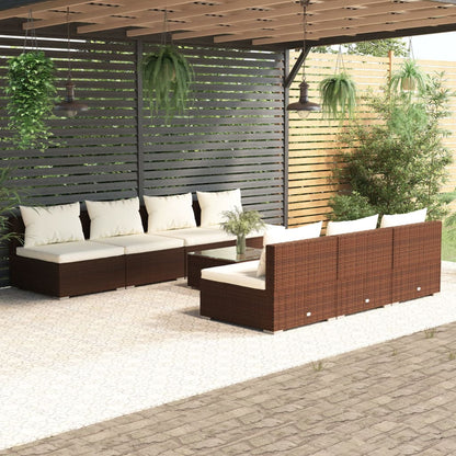 Set Divani da Giardino 8 pz con Cuscini in Polyrattan Marrone