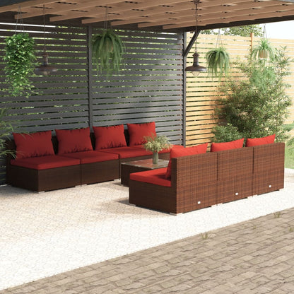 Set Divani da Giardino 8 pz con Cuscini in Polyrattan Marrone