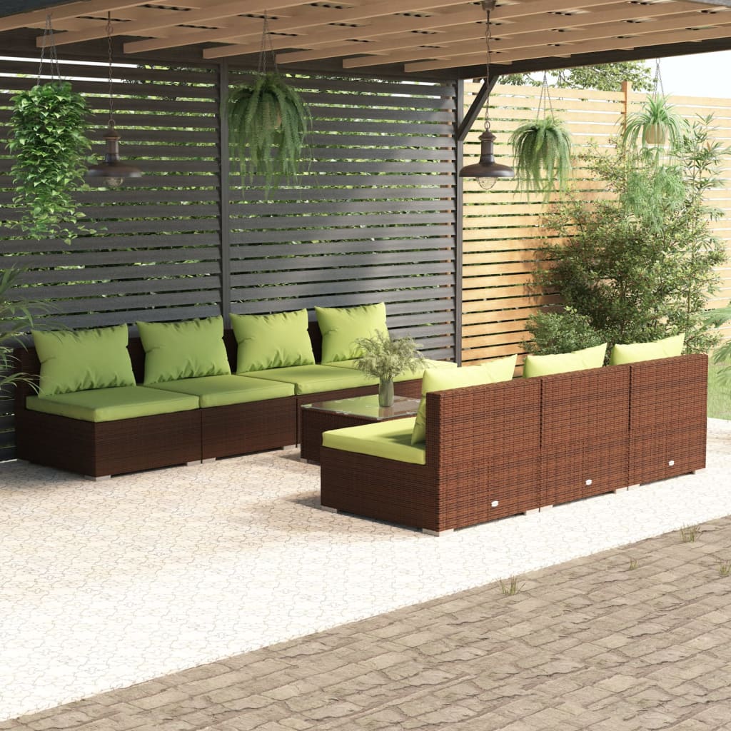 Set Divani da Giardino 8 pz con Cuscini in Polyrattan Marrone