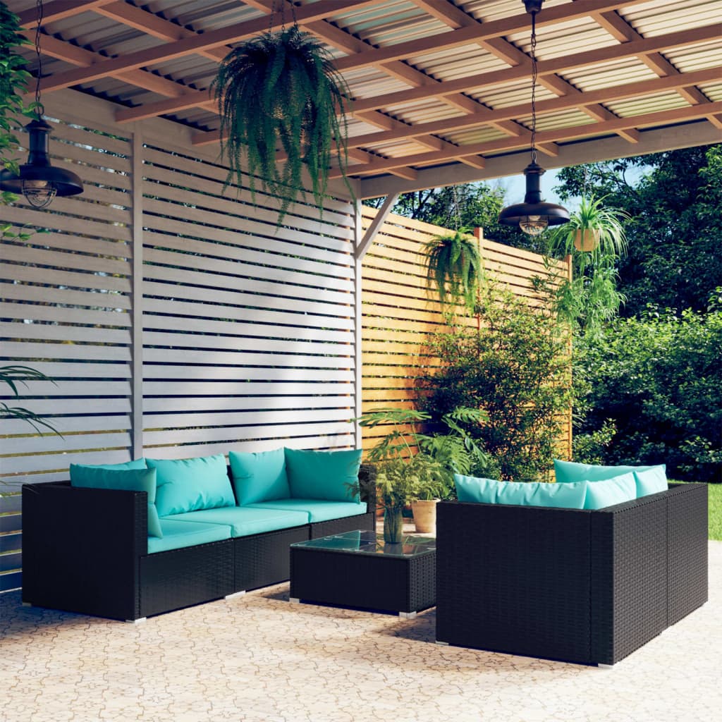 Set Mobili da Giardino 6 pz con Cuscini in Polyrattan Nero