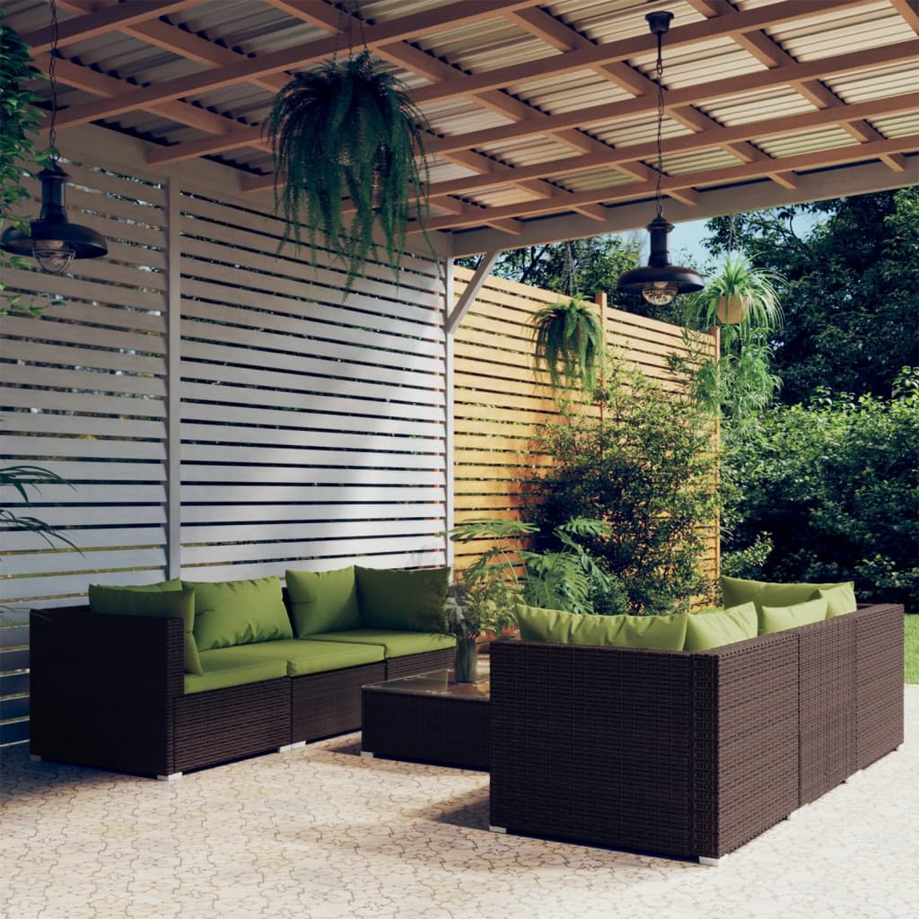 Set Divani da Giardino 7 pz con Cuscini in Polyrattan Marrone