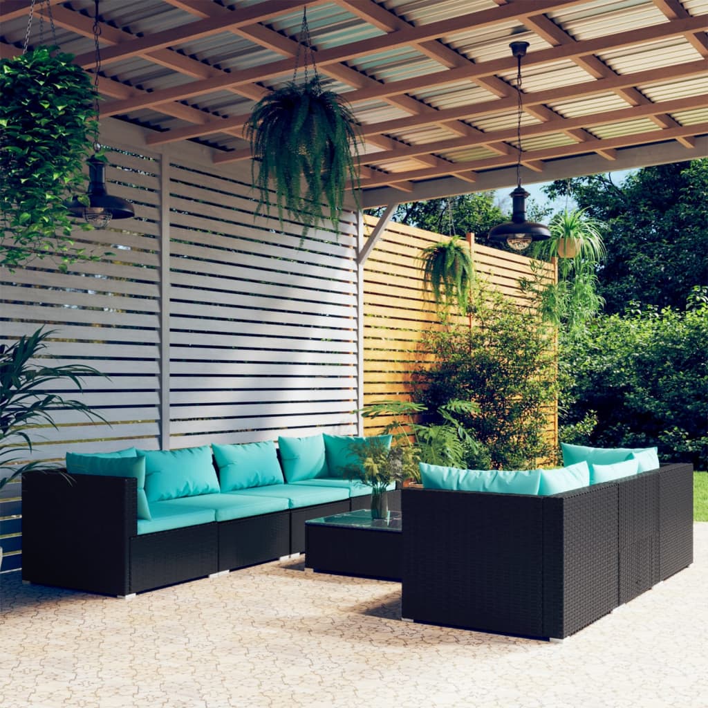 Set Mobili da Giardino con Cuscini 8 pz in Polyrattan Nero