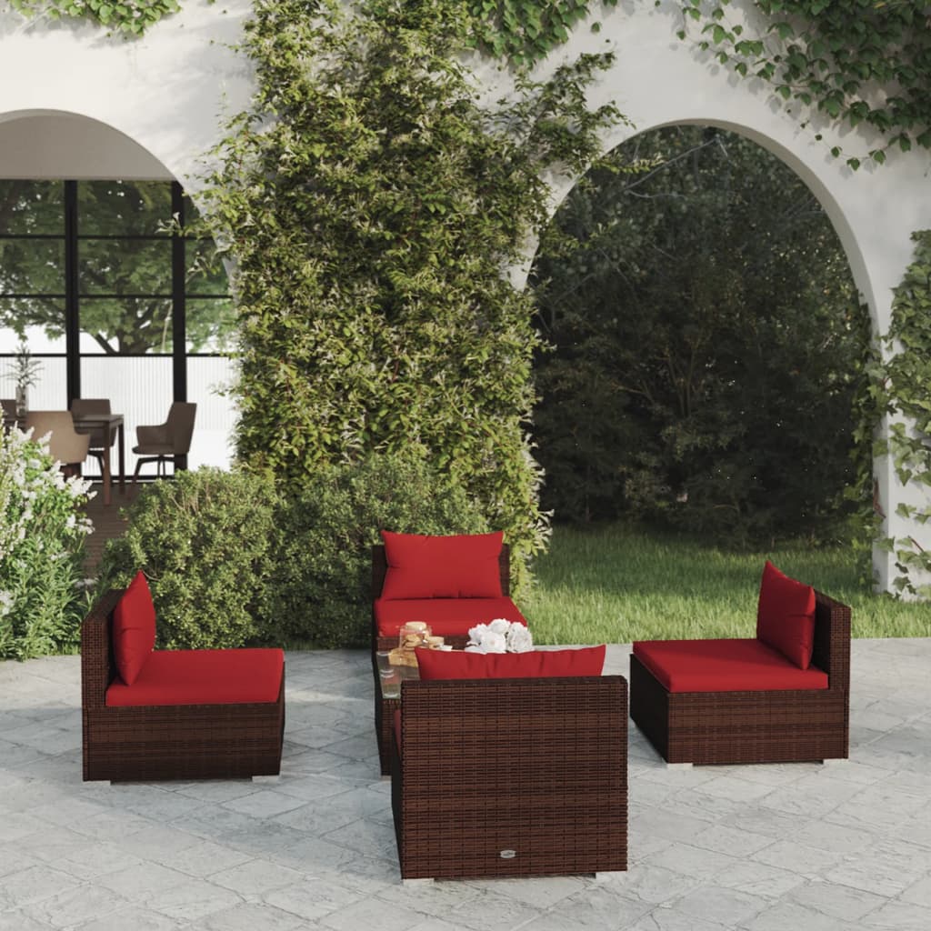 Set Divani da Giardino 5 pz con Cuscini in Polyrattan Marrone