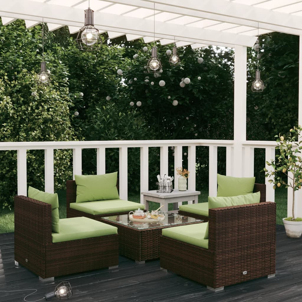 Set Divani da Giardino 5 pz con Cuscini in Polyrattan Marrone