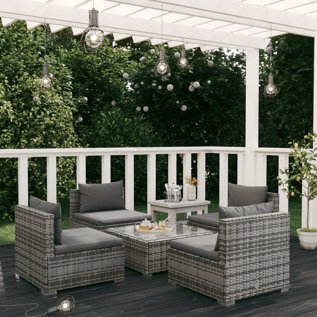 Set Divani da Giardino 5 pz con Cuscini in Polyrattan Grigio