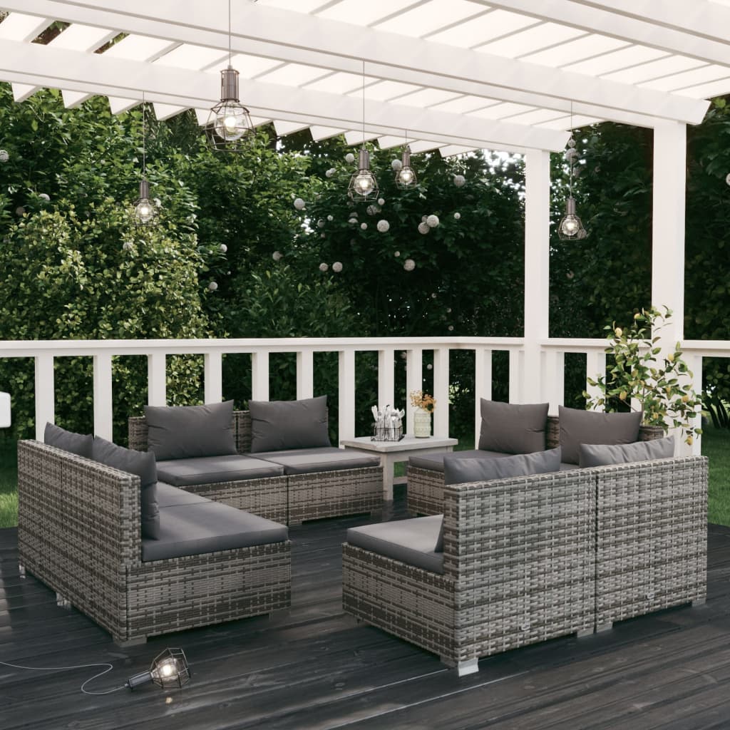 Set Divani da Giardino 8 pz con Cuscini in Polyrattan Grigio