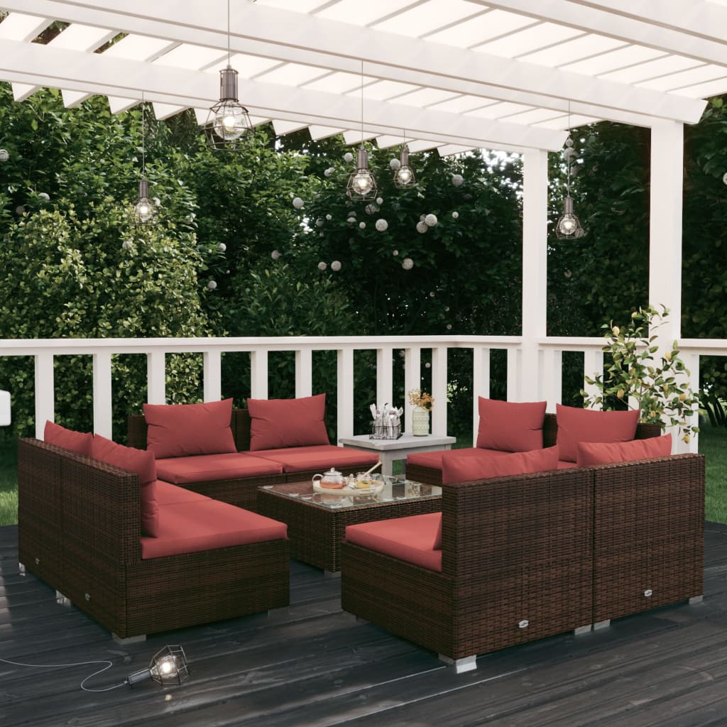 Set Divani da Giardino 9 pz con Cuscini in Polyrattan Marrone