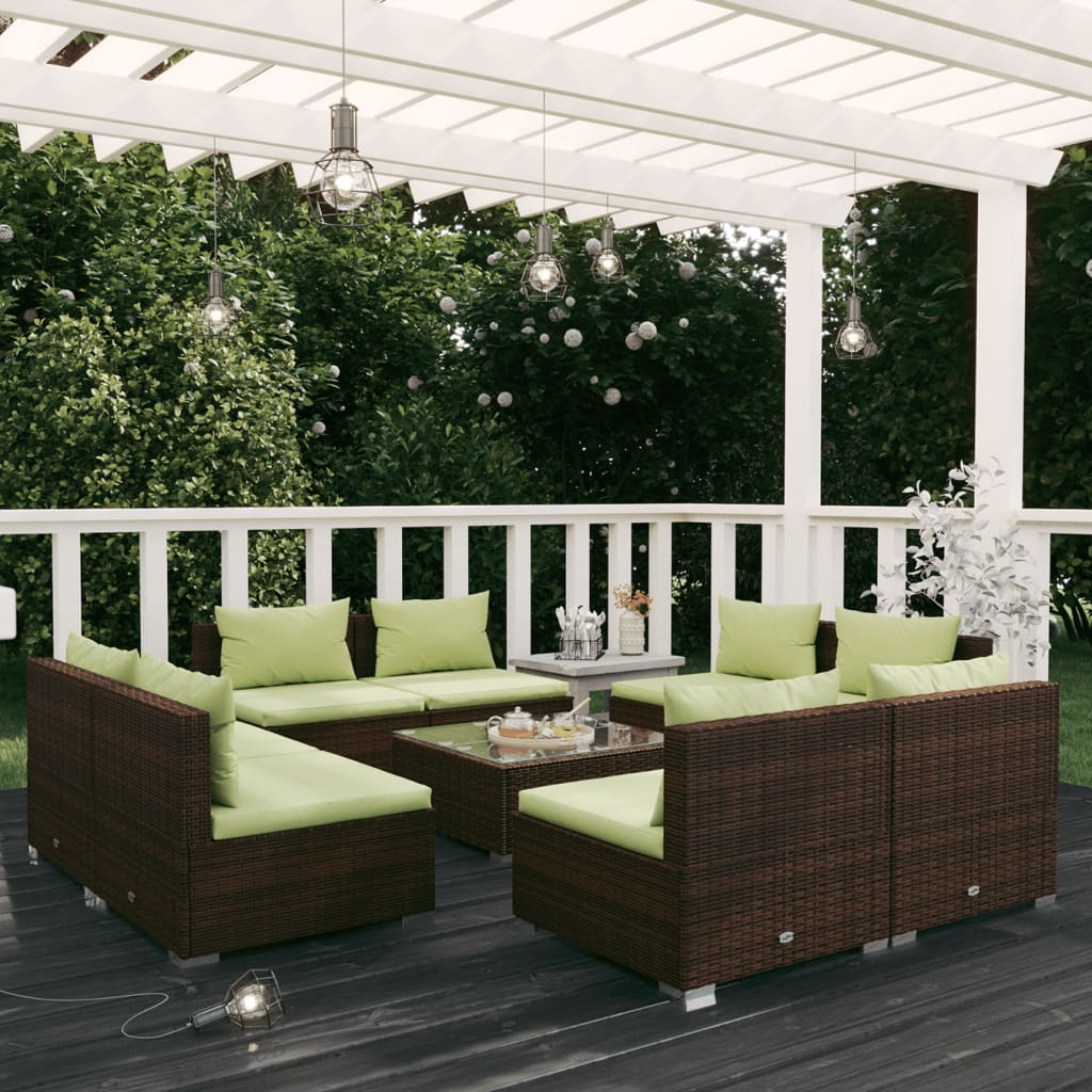 Set Divani da Giardino 9 pz con Cuscini in Polyrattan Marrone