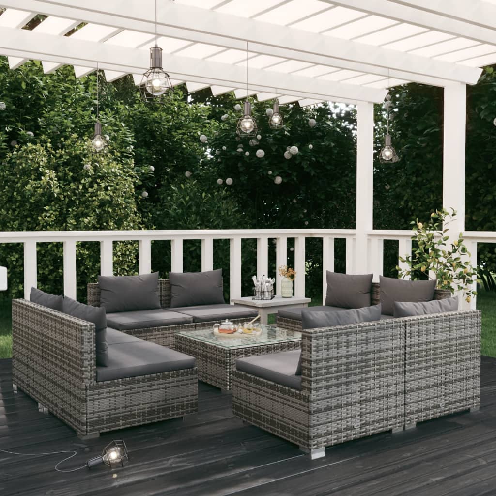 Set Divani da Giardino 9 pz con Cuscini in Polyrattan Grigio