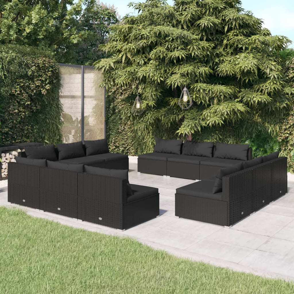 Set Divani da Giardino 12 pz con Cuscini in Polyrattan Nero