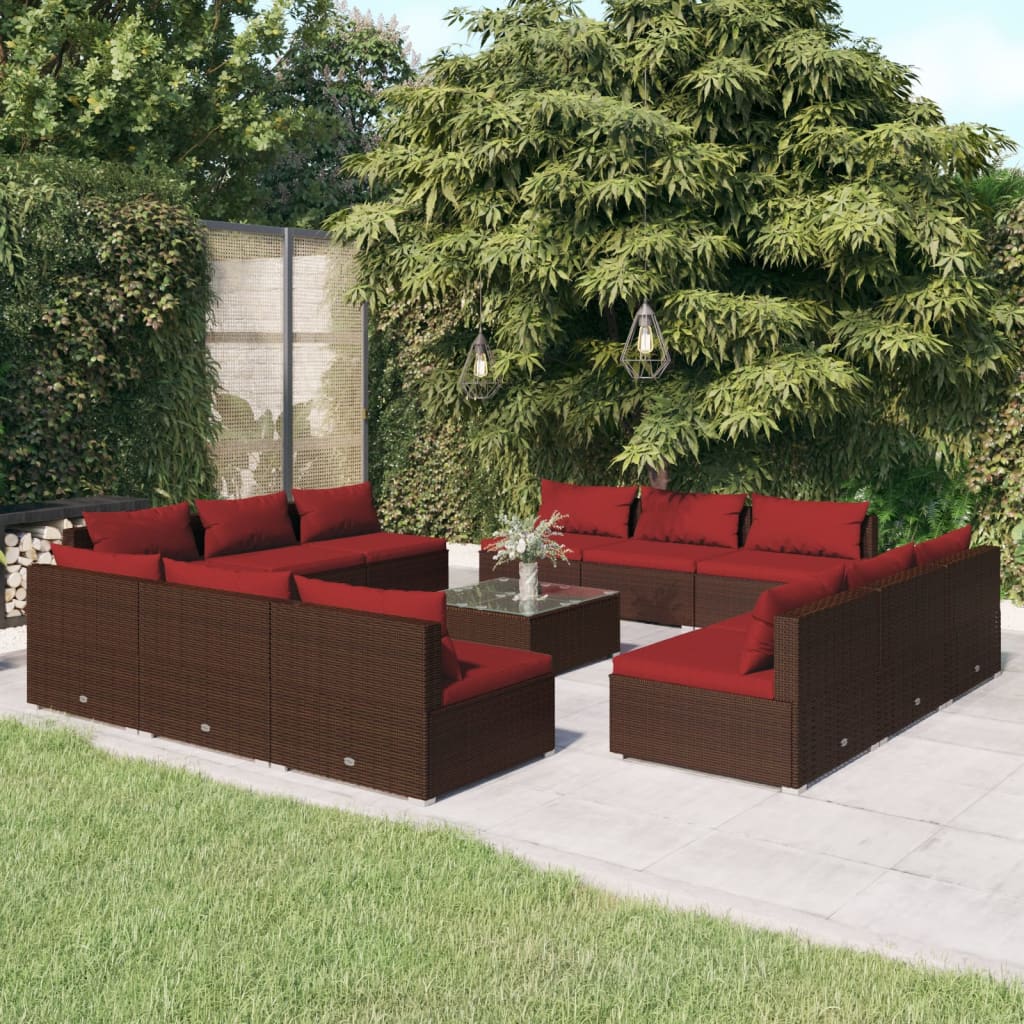 Set Divani da Giardino 13 pz con Cuscini in Polyrattan Marrone