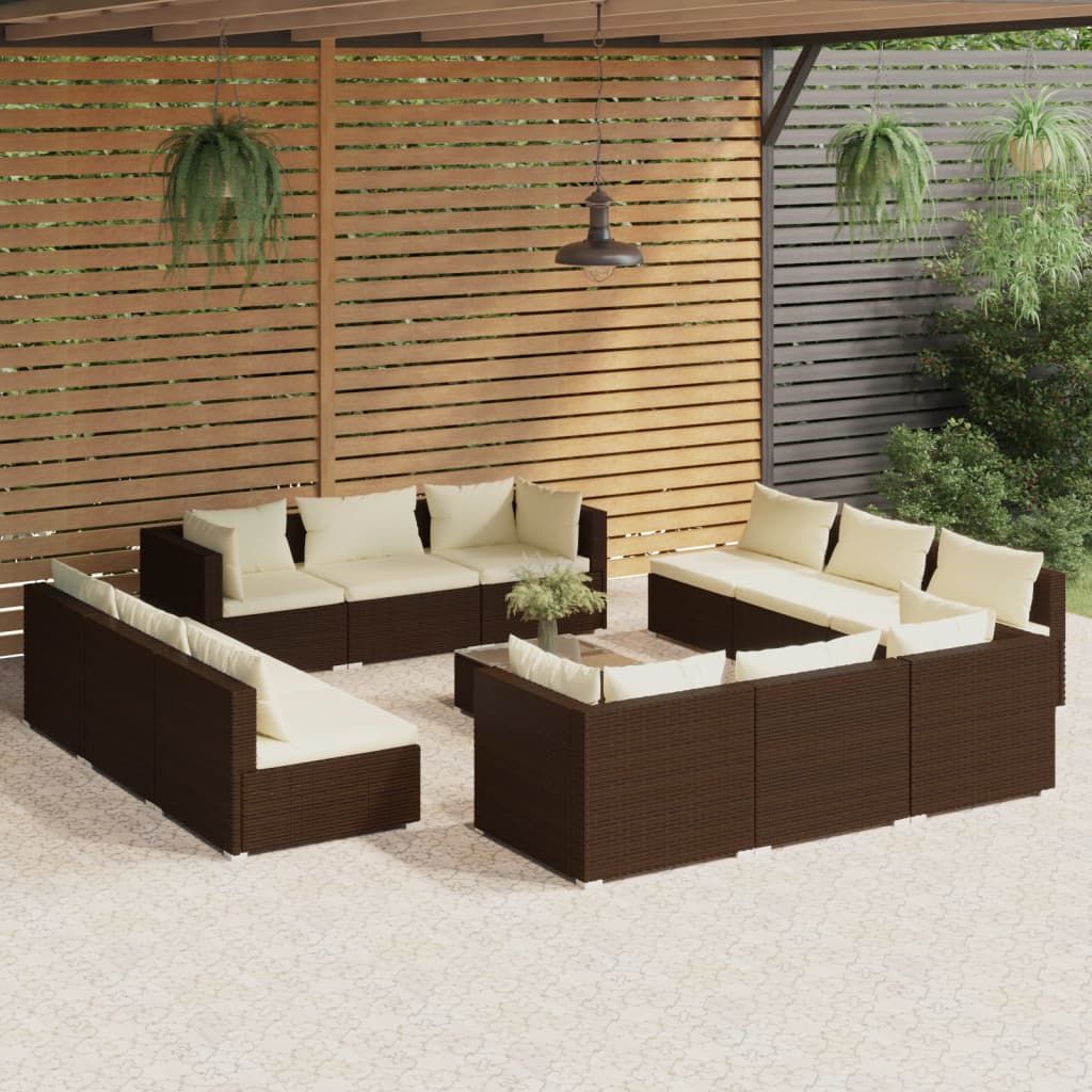 Set Divani da Giardino 13 pz con Cuscini in Polyrattan Marrone