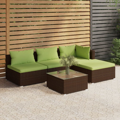 Set Divani da Giardino 5 pz con Cuscini in Polyrattan Marrone