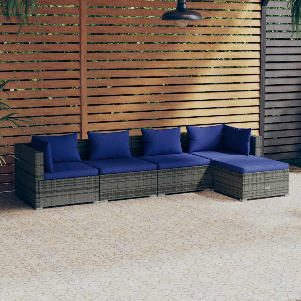 Set Divani da Giardino 5 pz con Cuscini in Polyrattan Grigio
