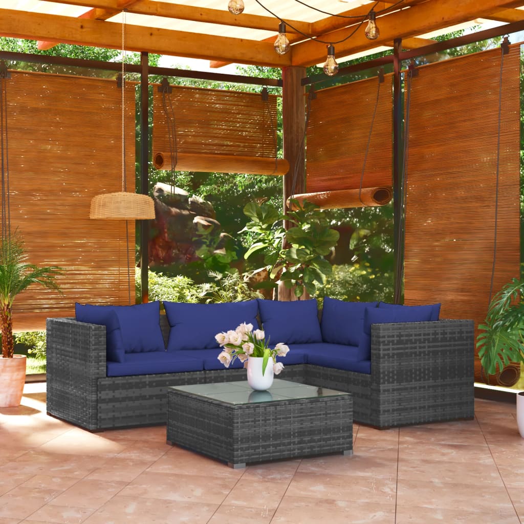 Set Divani da Giardino 5 pz con Cuscini in Polyrattan Grigio