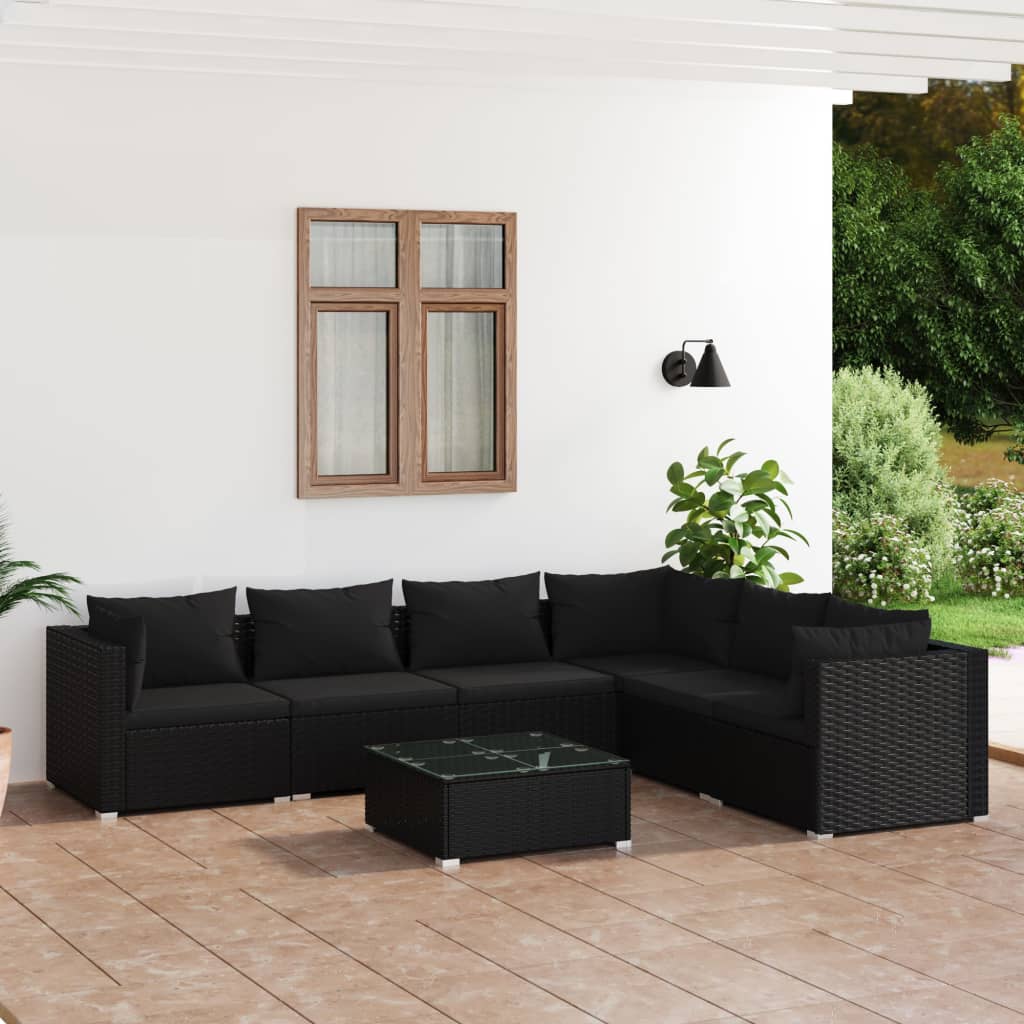 Set Divani da Giardino 7 pz con Cuscini in Polyrattan Nero