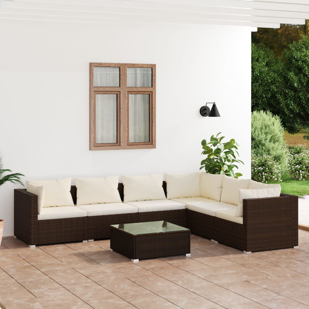 Set Divani da Giardino 7 pz con Cuscini in Polyrattan Marrone