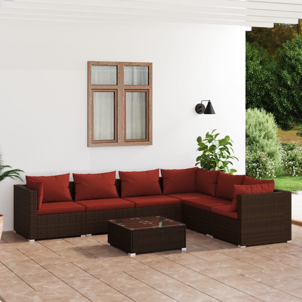 Set Divani da Giardino 7 pz con Cuscini in Polyrattan Marrone