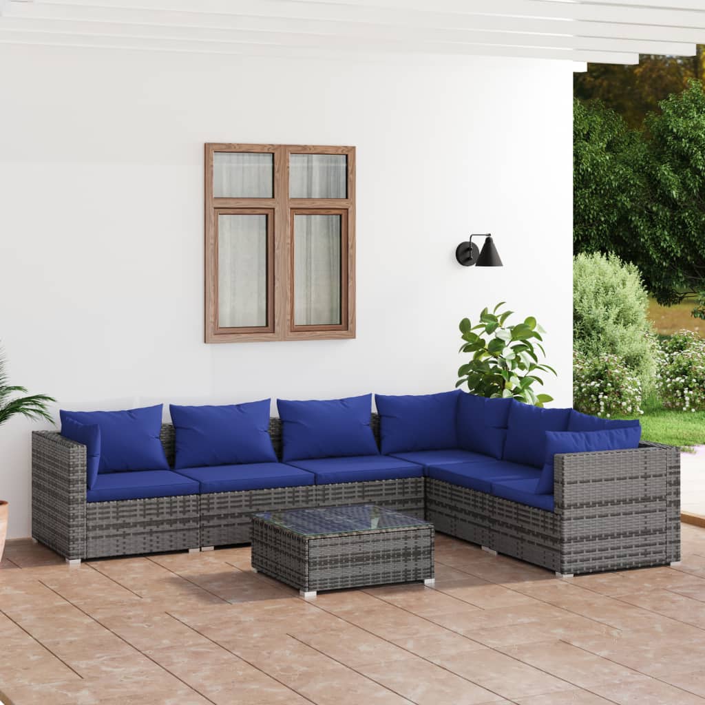 Set Divani da Giardino 7 pz con Cuscini in Polyrattan Grigio