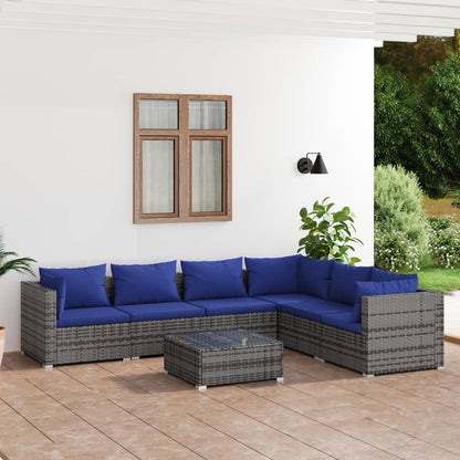 Set Divani da Giardino 7 pz con Cuscini in Polyrattan Grigio