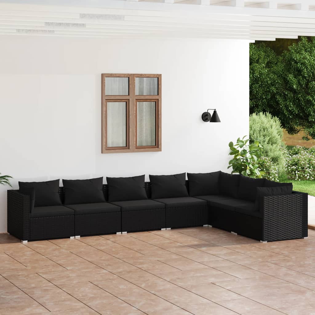 Set Divani da Giardino 7 pz con Cuscini in Polyrattan Nero