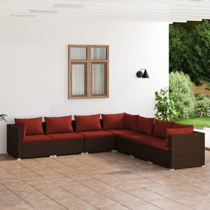 Set Divani da Giardino 7 pz con Cuscini in Polyrattan Marrone