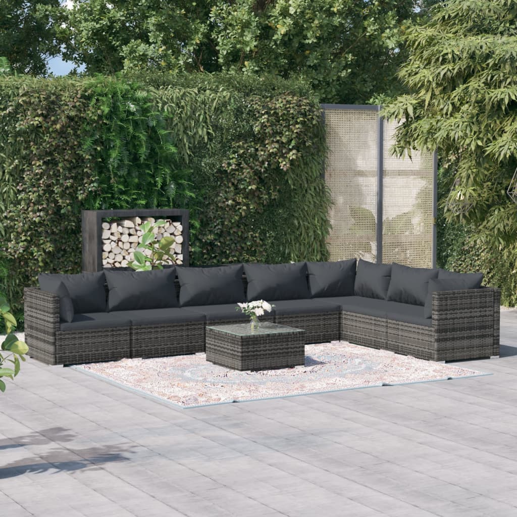 Set Divani da Giardino con Cuscini 8 pz in Polyrattan Grigio