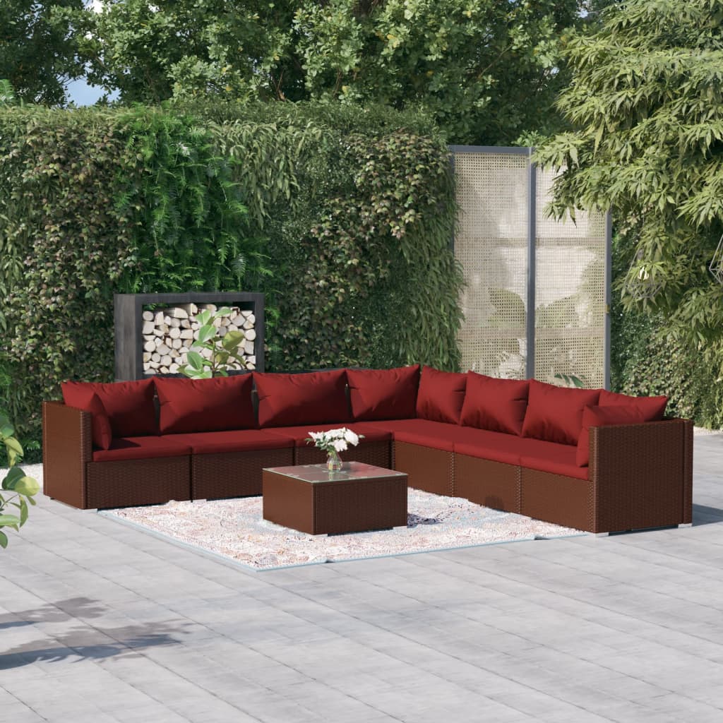 Set Divani da Giardino 8 pz con Cuscini in Polyrattan Marrone