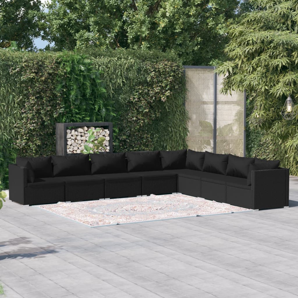Set Divani da Giardino 8 pz con Cuscini in Polyrattan Nero