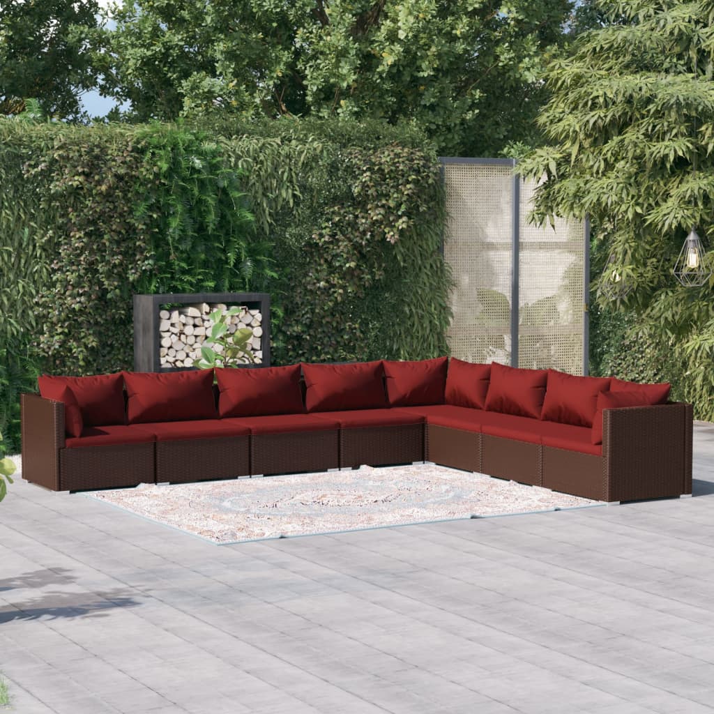 Set Divani da Giardino 8 pz con Cuscini in Polyrattan Marrone
