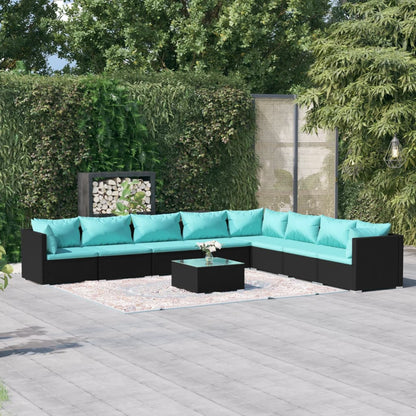 Set Divani da Giardino 9 pz con Cuscini in Polyrattan Nero