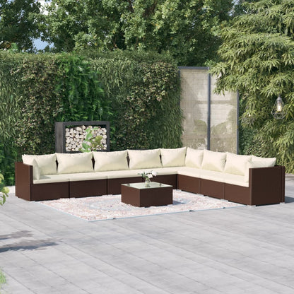 Set Divani da Giardino 9 pz con Cuscini in Polyrattan Marrone