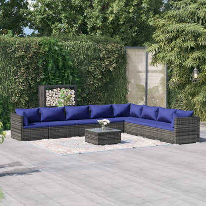 Set Divani da Giardino 9 pz con Cuscini in Polyrattan Grigio