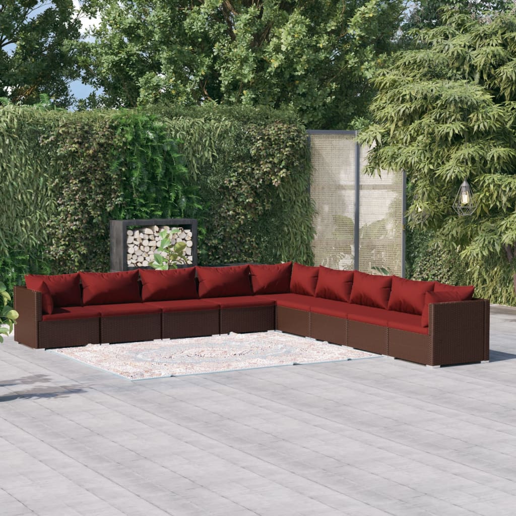 Set Divani da Giardino 9 pz con Cuscini in Polyrattan Marrone
